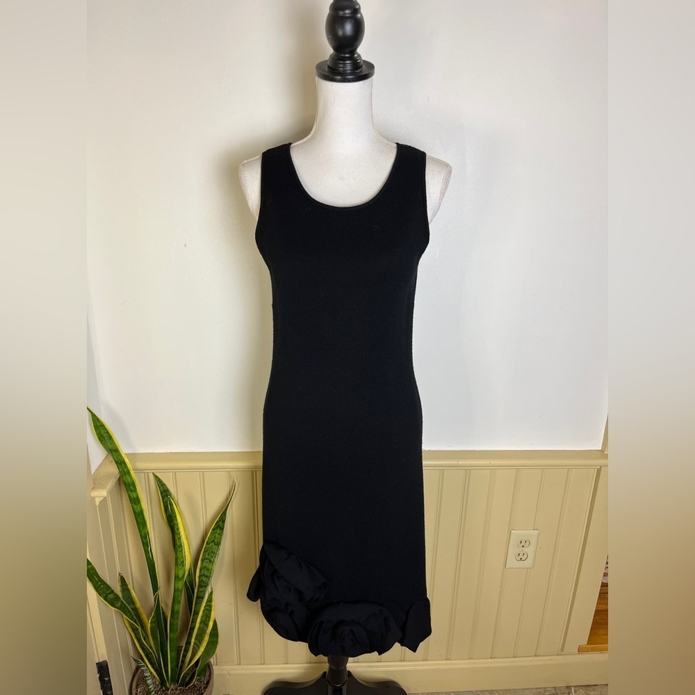Etcetera Wool Black Classic Midi Dress M Rosette LBD Old Money Holiday Party